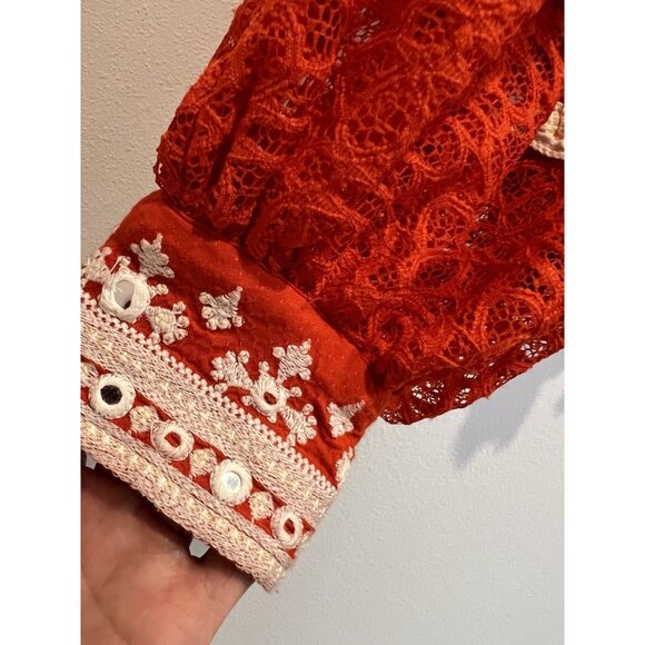 Free People Blouse boogie all night Size XS Crop top Embroidery Lace Red V Neck - Picture 16 of 16